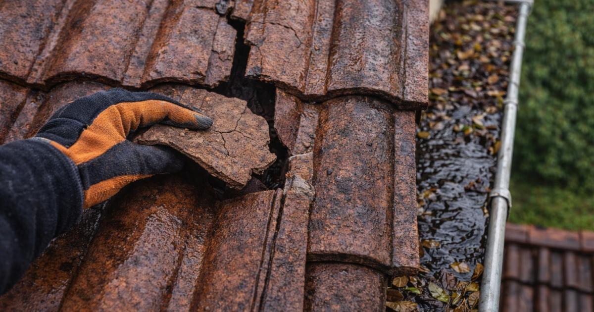 Controle van dakpannen om lekkage te voorkomen Close-up van dak met losse dakpan